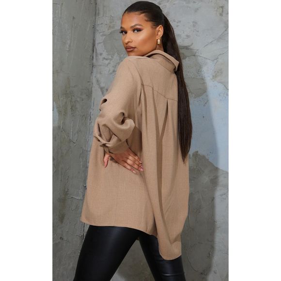 Prettylittlething linen look MOCHA OVERSIZED CUFF SHIRT us 8 - Picture 2 of 4